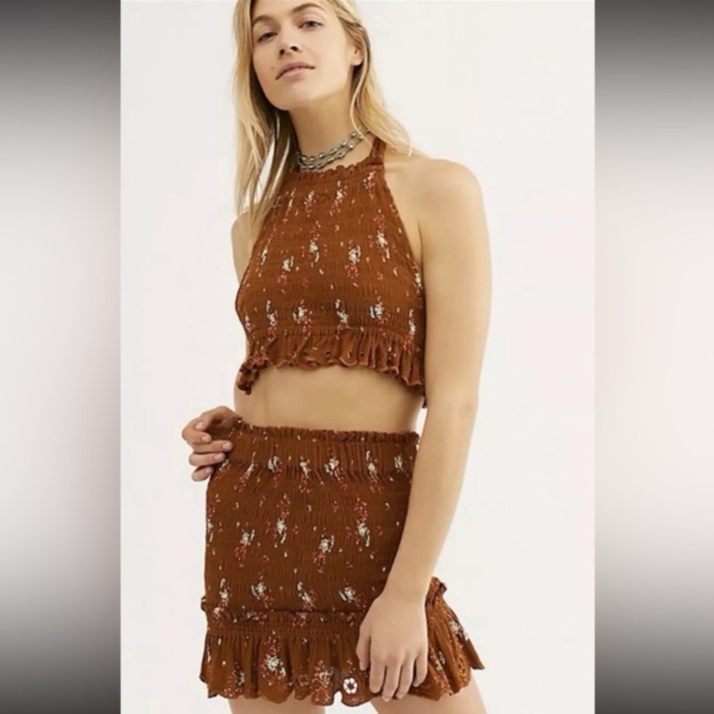 Free People Miss Louise Ruchef Floral Skirt Halter Set Made In Bali